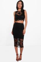 Boohoo Lily Lace Scallop Crop & Midi Skirt Co-ord Set Black