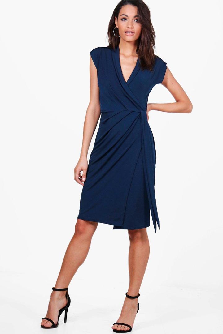 Boohoo Alise Wrap Front Midi Dress Navy