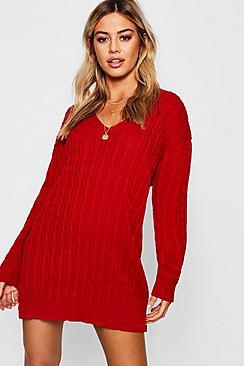 Boohoo Petite Cable Knit V Neck Jumper Dress