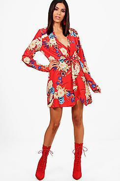 Boohoo Catherine Floral Satin Wrap Dress