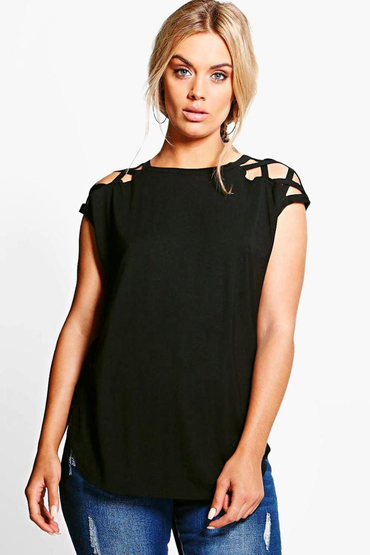 Boohoo Plus Anya Lace Up Detail Shoulder Tee Black