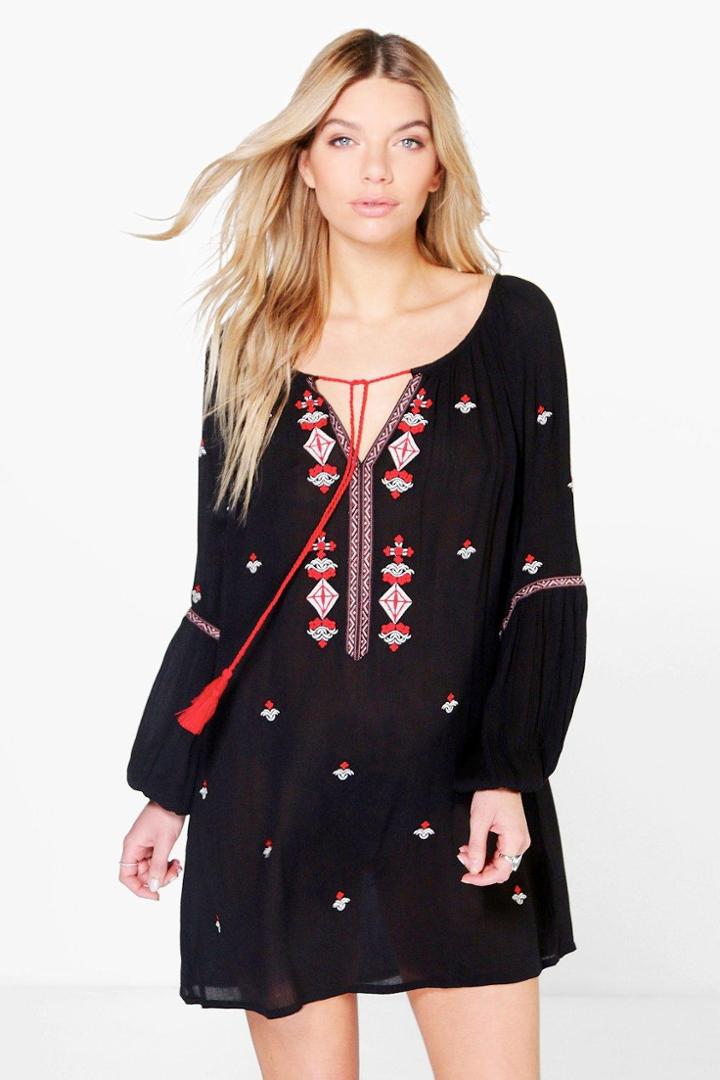 Boohoo Letizia Embroidered Tassel Shift Dress Black