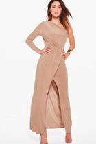 Boohoo Caia One Shoulder Wrap Slinky Maxi Dress Sand