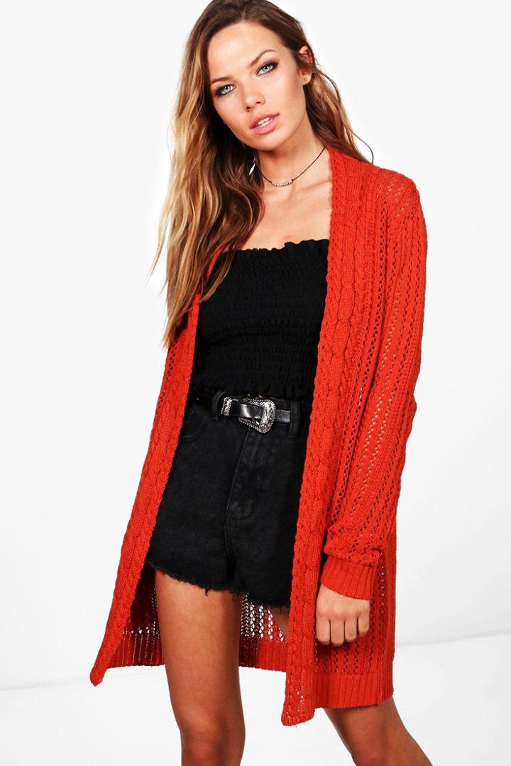 Boohoo Lucy Cable Edge Crochet Cardigan Rust