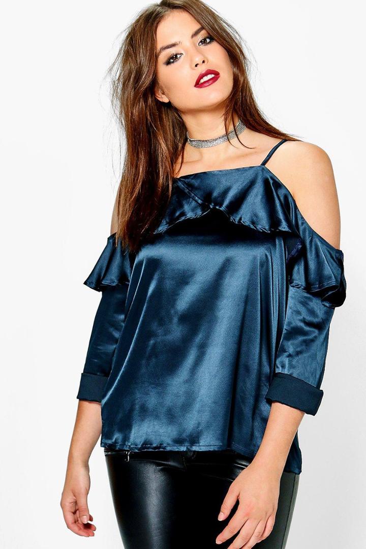 Boohoo Plus Nancy Satin Open Shoulder Top Navy