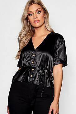 Boohoo Plus Satin Button Tie Waist Blouse