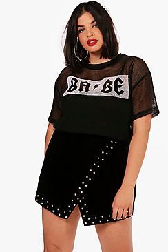 Boohoo Plus Hannah Slogan Fishnet T-shirt