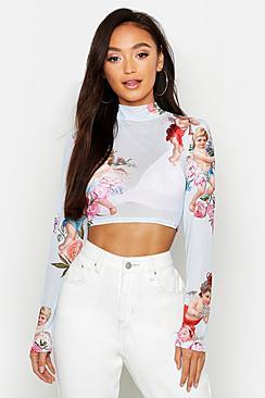 Boohoo Petite Cherub Mesh High Neck Top