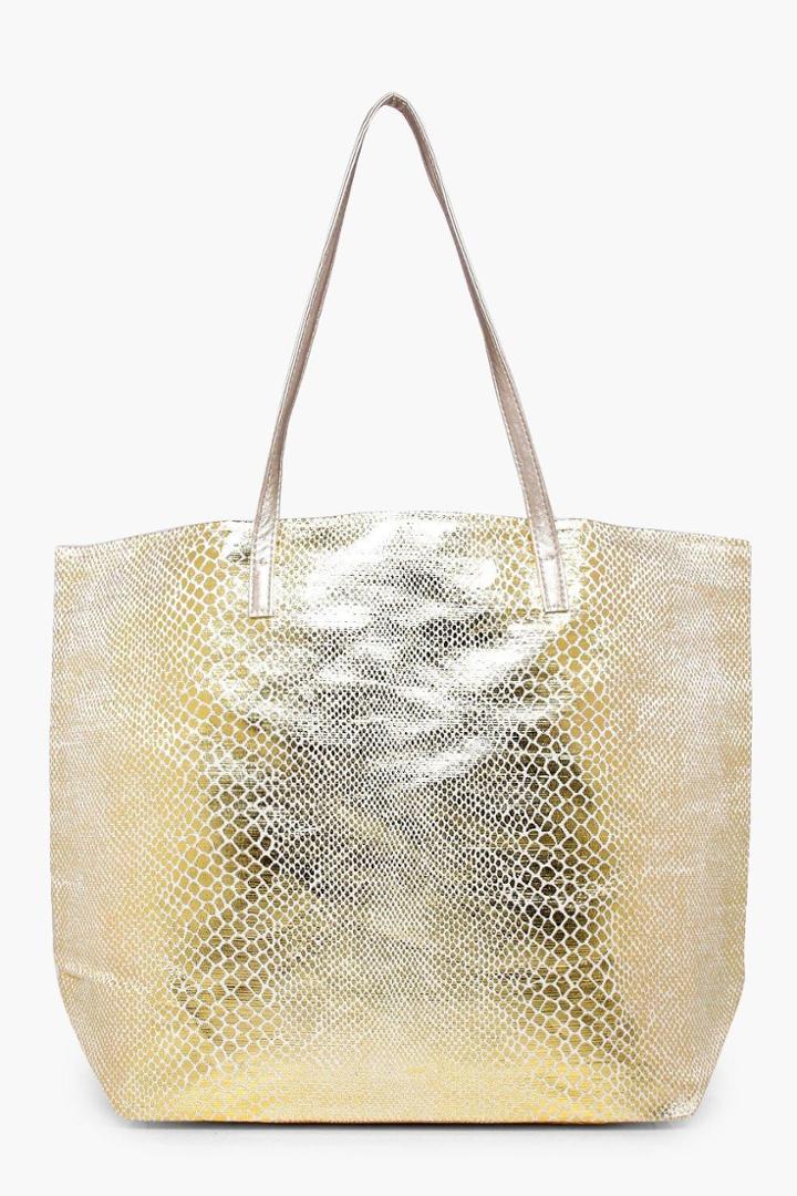 Boohoo Caroline Metallic Snake Print Beach Bag Gold