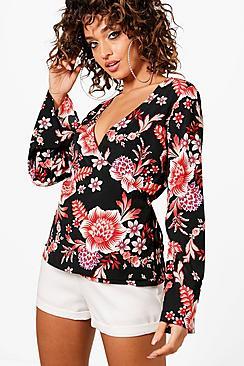 Boohoo Zoe Wrap Crepe Floral Blouse