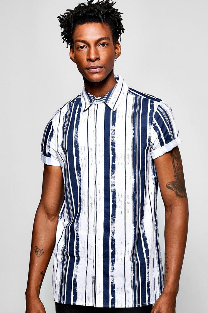Boohoo Short Sleeve Vertical Stripe Shirt Navy