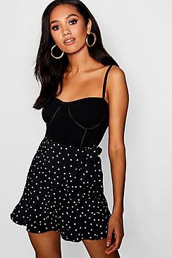 Boohoo Petite Spot Print Woven Ruffle Tie Mini Skirt