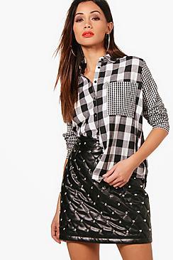Boohoo Petite Hillary Contrast Check Oversized Shirt