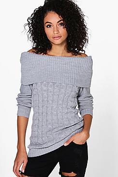 Boohoo Melissa Off The Shoulder Cable Knit Jumper