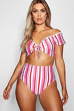 Boohoo Plus Stripe Bardot High Waist Bikini