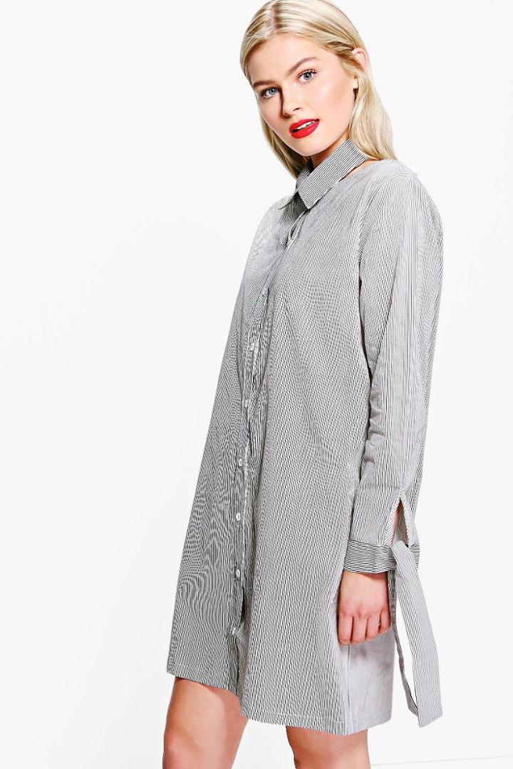 Boohoo Bianca Choker Collar Stripe Shirt Dress Black
