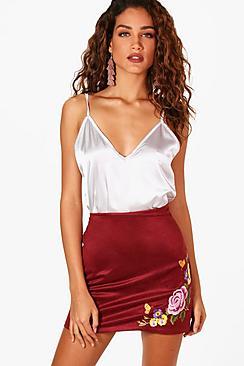 Boohoo Anna Embroidered Suede A Line Mini Skirt