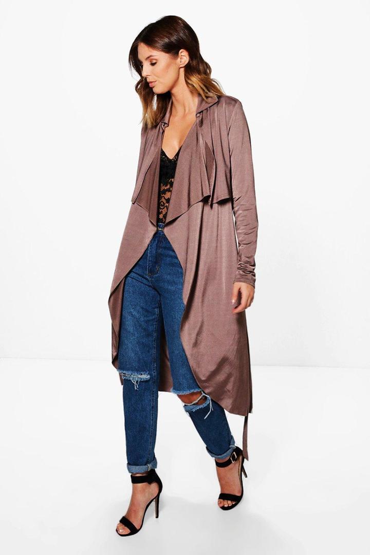 Boohoo Alexis Slinky Waterfall Belted Trench Mocha