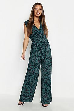 Boohoo Petite Animal Print Tie Waist Jumpsuit