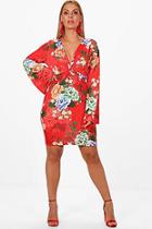 Boohoo Plus Sadie Knot Front Plunge Oriental Print Dress