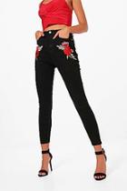 Boohoo High Rise Rose Applique Skinny Jeans