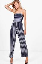 Boohoo Petite Abi Stripe Wide Leg Strapless Jumpsuit