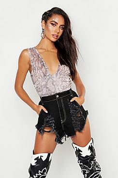 Boohoo Sequin Snake Mesh Plunge Crop