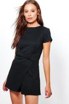 Boohoo Jenny Capped Sleeve Drape Front Skort Playsuit Black