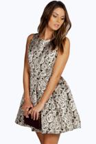 Boohoo Felicity Floral Foil Skater Dress Gold