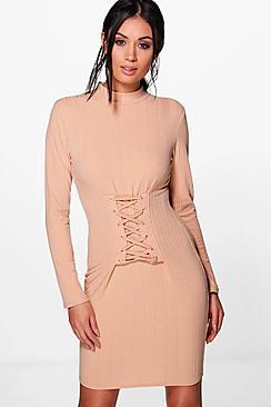 Boohoo Emily Lace Up Corset Rib Knit Dress