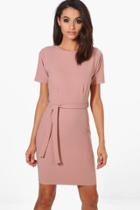 Boohoo Evy Pleat Front Belted Tailored Dress Rose