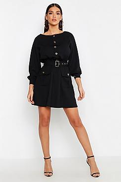 Boohoo Button Front Belted Skater Dress