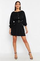 Boohoo Button Front Belted Skater Dress