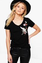Boohoo Petite Willow V Neck Embroidered Tee Black