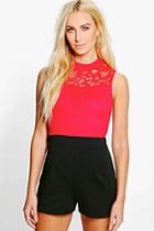 Boohoo Helena Lace High Neck Playsuit Red