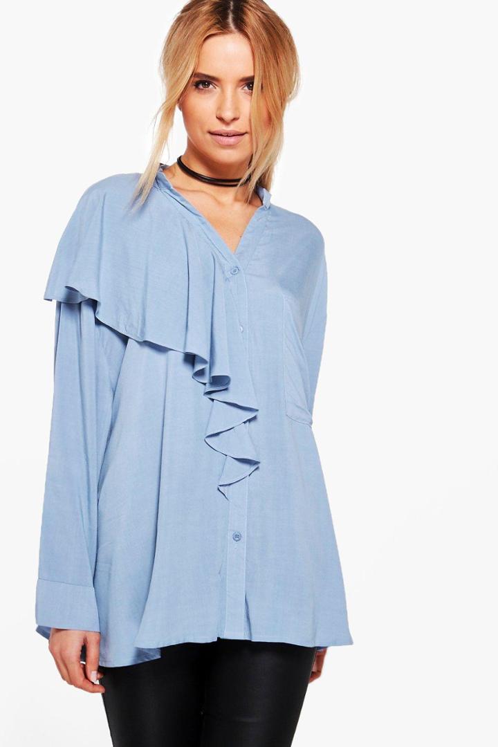 Boohoo Sandy Oversized Ruffle Shirt Blue