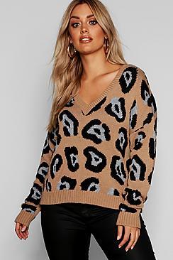 Boohoo Plus Leopard Jaquard V Neck Jumper