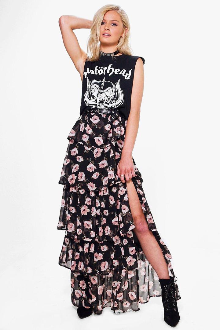 Boohoo Everly Large Floral Ruffle Tiered Maxi Skirt Black