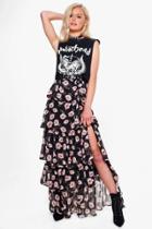 Boohoo Everly Large Floral Ruffle Tiered Maxi Skirt Black