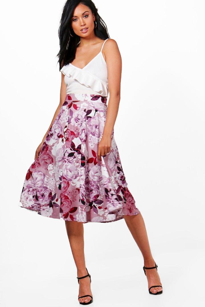 Boohoo Klara Digital Floral Box Pleat Midi Skirt Mauve