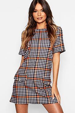 Boohoo Checked Gold Button Detail Shift Dress