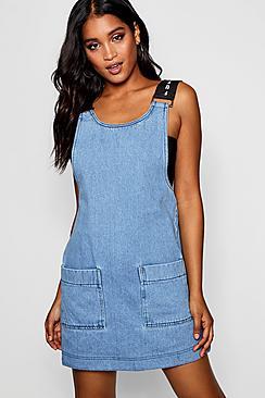 Boohoo Female Slogan Pinafore Denim Dress