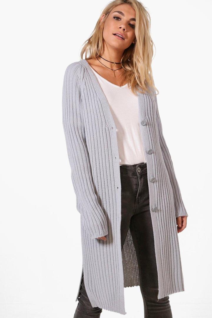 Boohoo Rosie Oversized Rib Button Cardigan Grey