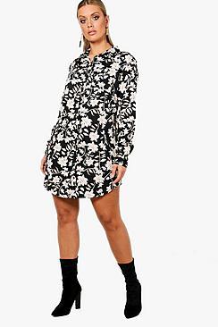 Boohoo Plus Jane Mono Printed Shirt Dress