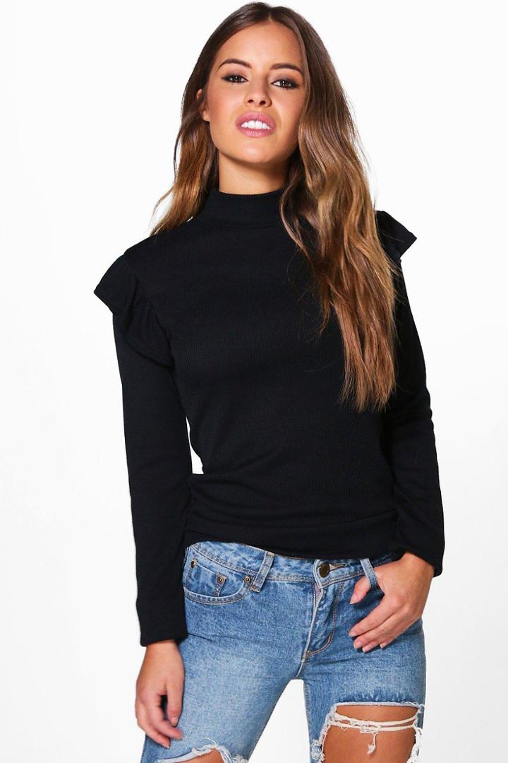 Boohoo Petite Ella Frill Shoulder Top Black
