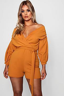 Boohoo Plus Taylor Wrap Ruffle Sleeve Playsuit