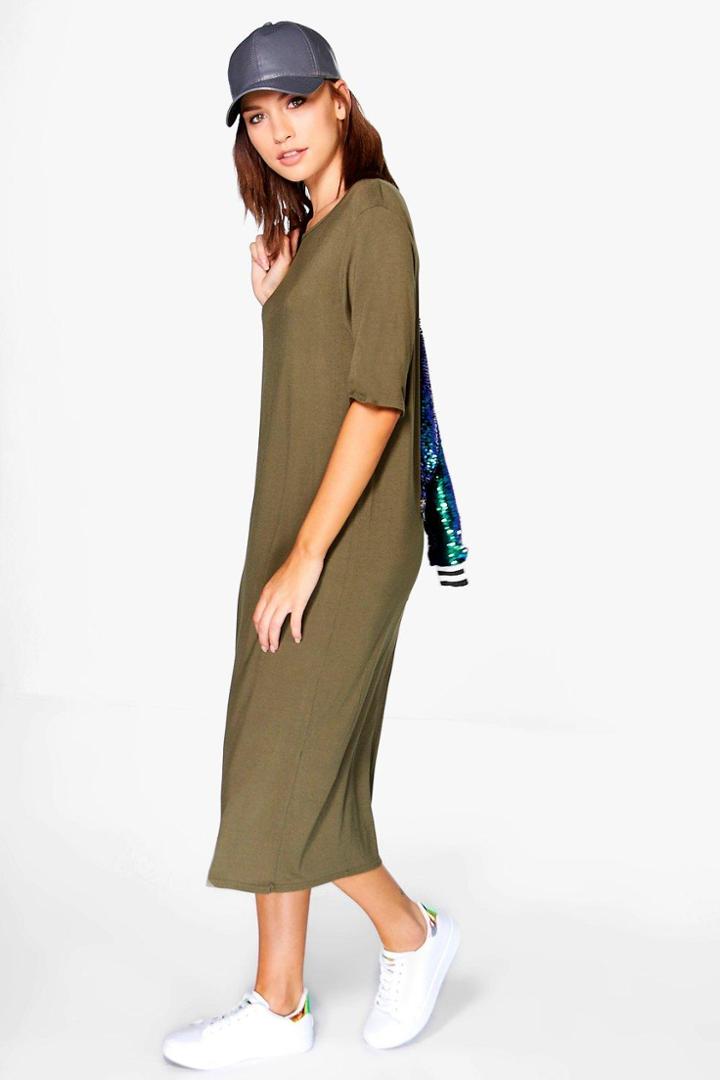 Boohoo Cleo Oversized Drape Midi Dress Khaki
