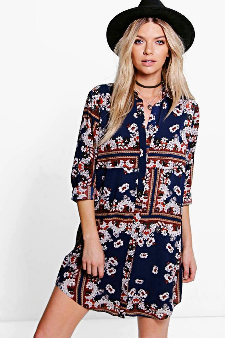 Boohoo Mona Paisley Shirt Dress Navy