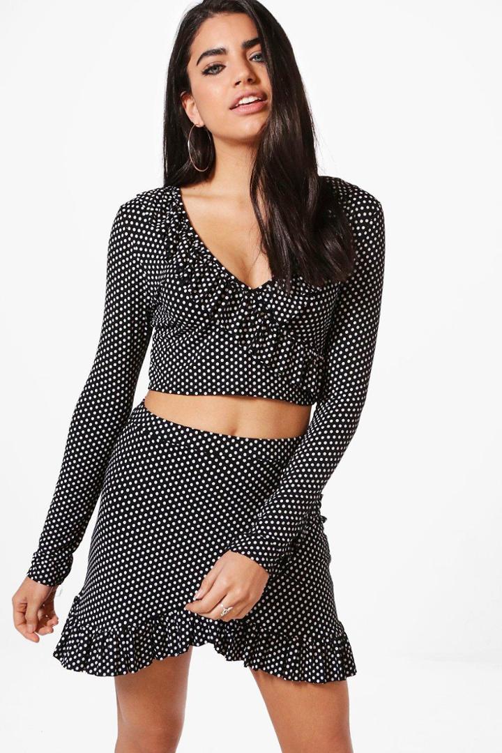 Boohoo Niamh Ruffle Polka Dot Crop & Skirt Co-ord Set Black