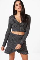 Boohoo Niamh Ruffle Polka Dot Crop & Skirt Co-ord Set Black